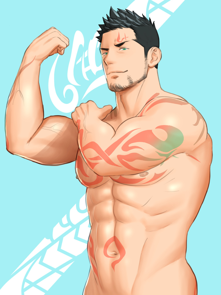 1boy abs absurdres aqua_eyes arm_tattoo bara biceps black_hair completely_nude facial_hair flexing forehead_tattoo highres jashin_doruton large_pectorals looking_at_viewer male_focus muscular muscular_male navel nipples nude obliques out-of-frame_censoring pectorals pose priapus priapus_a._tarou short_hair sideburns solo stomach_tattoo tattoo