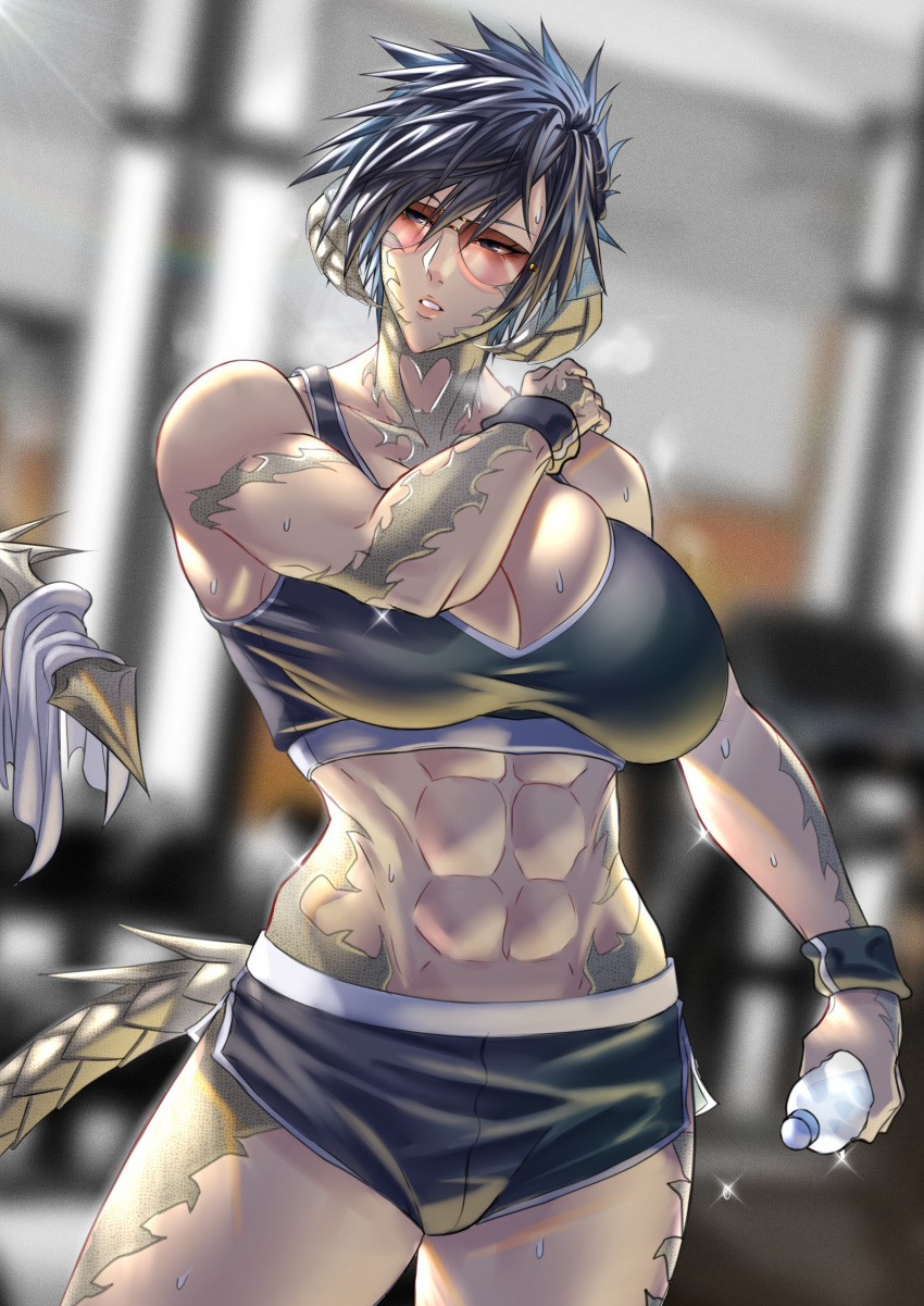 abs absurdres anima_(togashi) au_ra black_shorts black_sports_bra black_wristband bottle breasts dragon_tail female final_fantasy final_fantasy_xiv highres holding holding_bottle large_breasts midriff muscular muscular_female original scales short_hair shorts solo spiked_hair sports_bra sportswear sunglasses sweat tail warrior_of_light_(ff14) water_bottle