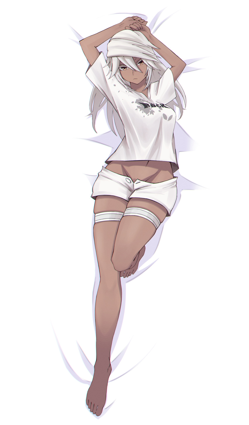 absurdres arms_up barefoot bed bed_sheet clover collarbone crop_top dark-skinned_female dark_skin english_text execneet feet female four-leaf_clover full_body guilty_gear guilty_gear_strive guilty_gear_strive_x_tower_records hair_between_eyes hat highres long_hair looking_at_viewer lying midriff navel on_back orange_eyes platinum_blonde_hair ramlethal_valentine shirt solo stomach tower_records white_shirt