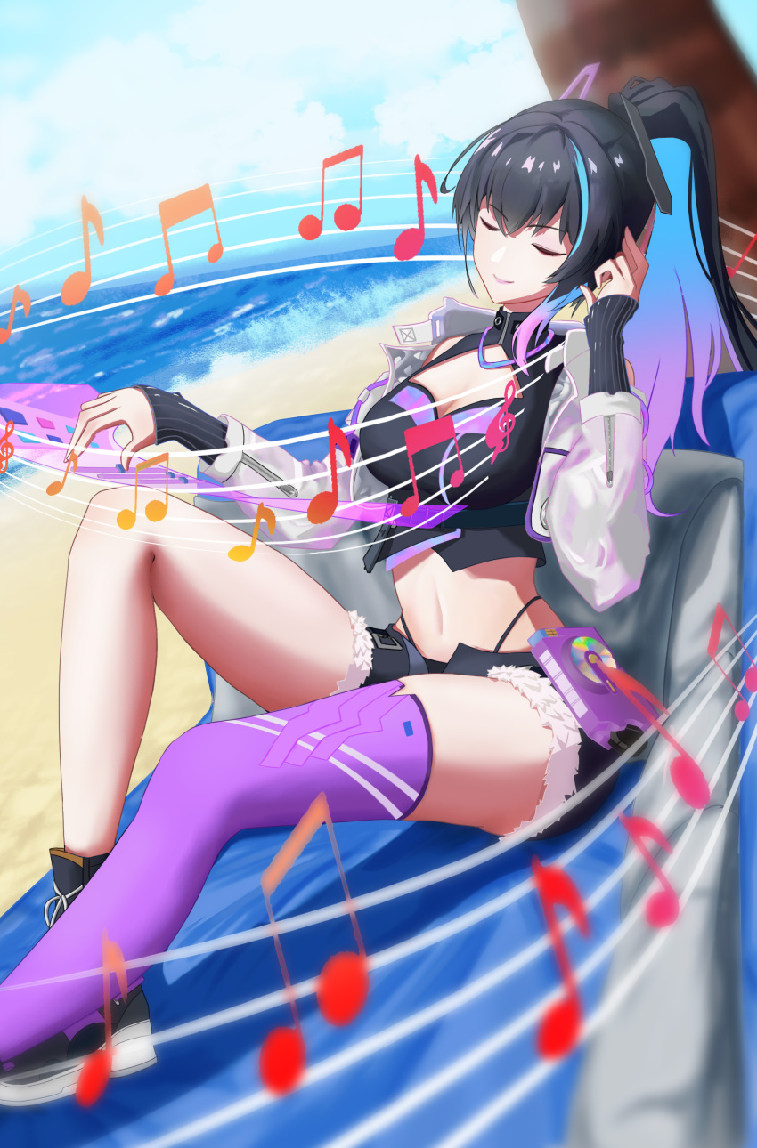 absurdres beach black_hair black_panties black_shirt black_shorts blue_hair breasts cleavage closed_eyes closed_mouth colored_inner_hair female gradient_hair grey_jacket hair_ornament highleg highleg_panties highres idol instrument jacket long_hair long_sleeves medium_breasts midriff multicolored_hair music musical_note navel panties pentagram playing_instrument ponytail punishing:_gray_raven purple_hair purple_thighhighs selena:_capriccio_(punishing:_gray_raven) selena_(punishing:_gray_raven) shiro_raku shirt short_shorts shorts single_thighhigh solo streaked_hair thighhighs underwear