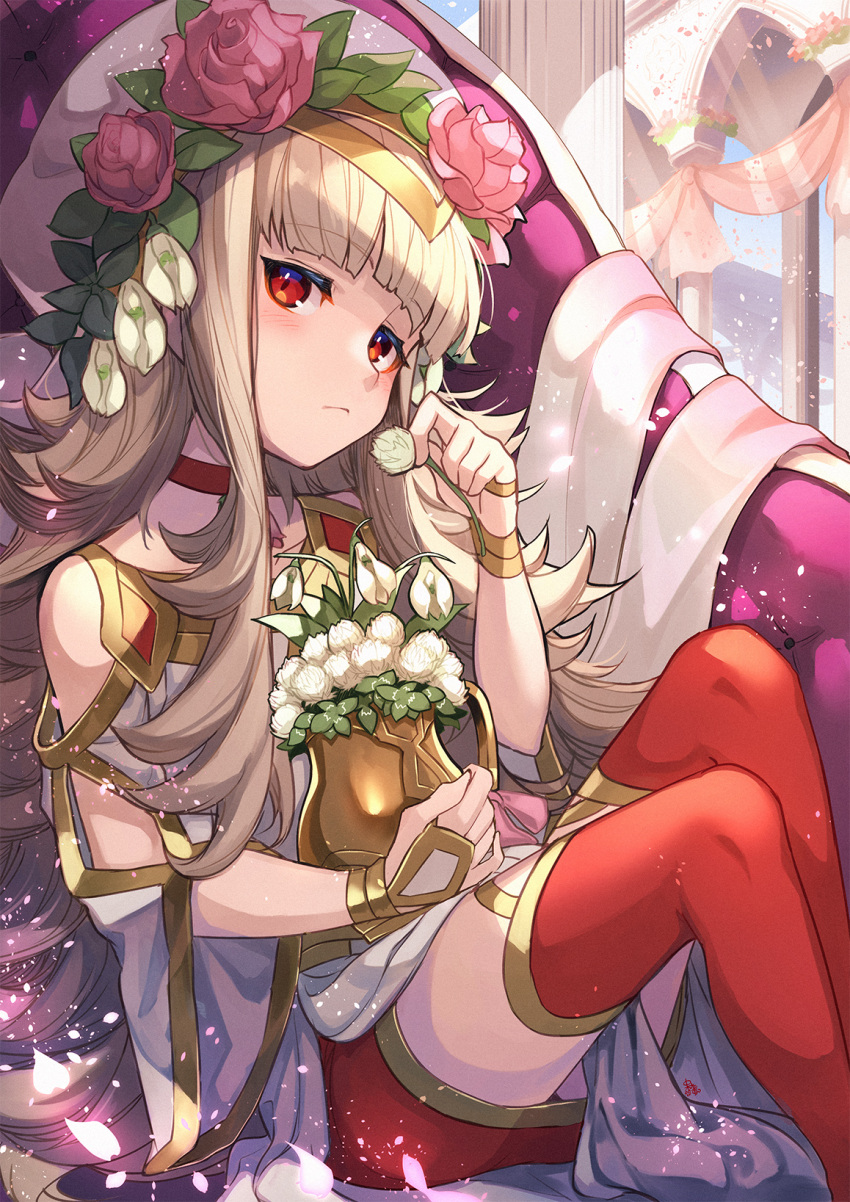 alternate_costume bare_shoulders blush choker closed_mouth column commentary_request dress expressionless female fire_emblem fire_emblem_heroes flower flower_pot gold_trim grey_hair hair_flower hair_ornament hat head_tilt highres holding holding_flower hug hugging_object jewelry leaf_hair_ornament long_hair looking_at_viewer nakabayashi_zun official_alternate_costume petals pillar pink_flower pink_rose red_choker red_eyes red_thighhighs rose shadow sitting solo thighhighs vase veronica_(fire_emblem) veronica_(valentine)_(fire_emblem) very_long_hair white_dress white_flower white_hat wide_sleeves