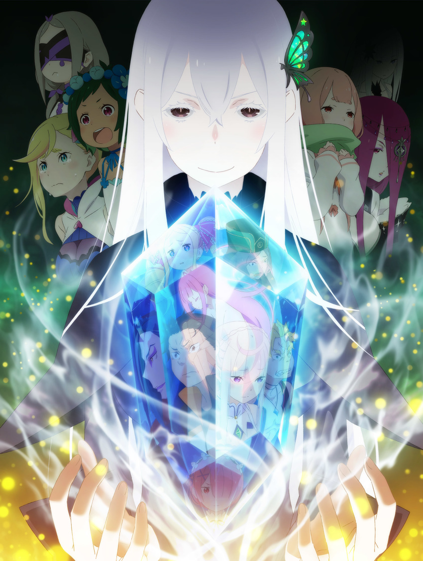 4boys 6+girls beatrice_(re:zero) butterfly_hair_ornament carmilla_(re:zero) colored_eyelashes covered_eyes crystal daphne_(re:zero) echidna_(re:zero) emilia_(re:zero) garfiel_tinsel green_scarf hair_between_eyes hair_ornament highres key_visual lewes_meyer long_hair looking_at_viewer minerva_(re:zero) multiple_boys multiple_girls natsuki_subaru official_art otto_suewen pink_hair promotional_art purple_eyes ram_(re:zero) re:zero_kara_hajimeru_isekai_seikatsu roswaal_l._mathers satella_(re:zero) scarf sekhmet_(re:zero) short_hair tearing_up typhon_(re:zero) white_hair