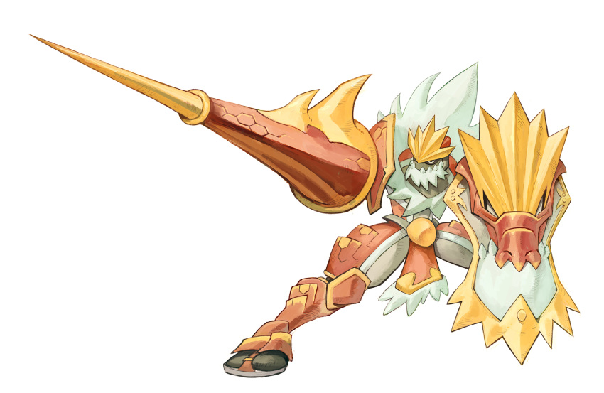 1boy armor colored_skin crossover faulds forehead_protector full_armor fur_collar garrett_hanna grey_skin highres holding holding_polearm holding_shield holding_weapon huge_weapon humanization lance loincloth male_focus monster_hunter_(series) pokemon pokemon_(creature) polearm shield solo spiked_armor standing tabi tyrantrum weapon