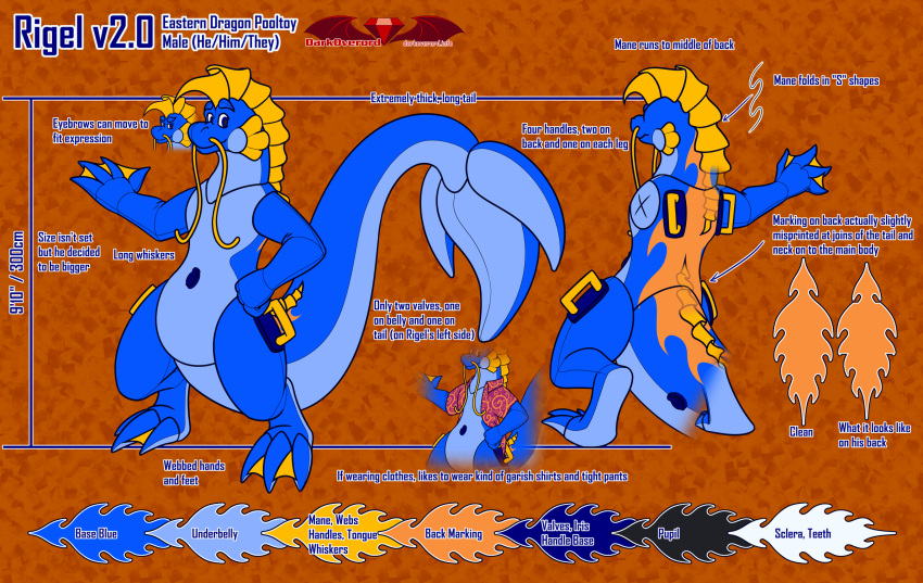 2022 air_valve animate_inanimate anthro barbel_(anatomy) big_tail blue_body blue_eyes cheek_frill darkoverord digital_media_(artwork) digitigrade dragon eastern_dragon english_text feet flesh_whiskers frill_(anatomy) grey_pupils handle handles_on_back handles_on_hips hi_res huge_tail inflatable living_inflatable male mane markings membrane_(anatomy) model_sheet mythological_creature mythological_scalie mythology orange_background orange_markings pupils rigel_(darkoverord) scalie simple_background solo spade_tail tail text textured_background toes webbed_feet webbed_hands yellow_frill