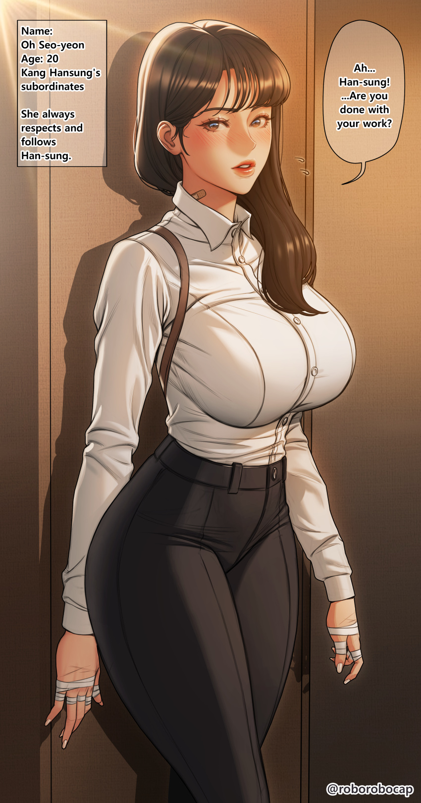 absurdres bandage_on_neck bandaged_hand bandages black_pants breasts brown_eyes brown_hair ceo_and_bodyguard collared_shirt dress_shirt english_commentary english_text female hair_behind_ear hair_over_shoulder highres korean_commentary large_breasts long_hair mixed-language_commentary oh_seeyeon pants roborobocap shirt shirt_tucked_in white_nails white_shirt