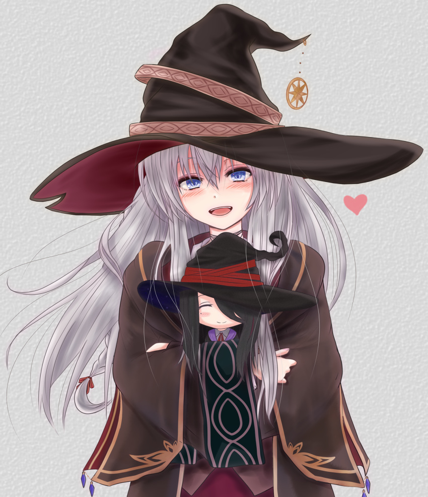 :d ^_^ black_cape black_hat blue_eyes blush cape character_doll closed_eyes closed_mouth elaina_(majo_no_tabitabi) facing_viewer female floating_hair fran_(majo_no_tabitabi) grey_hair hair_between_eyes hair_ribbon hat highres housecat573 long_hair looking_at_viewer majo_no_tabitabi mole mole_under_eye neck_ribbon open_mouth red_ribbon ribbon smile solo very_long_hair witch_hat