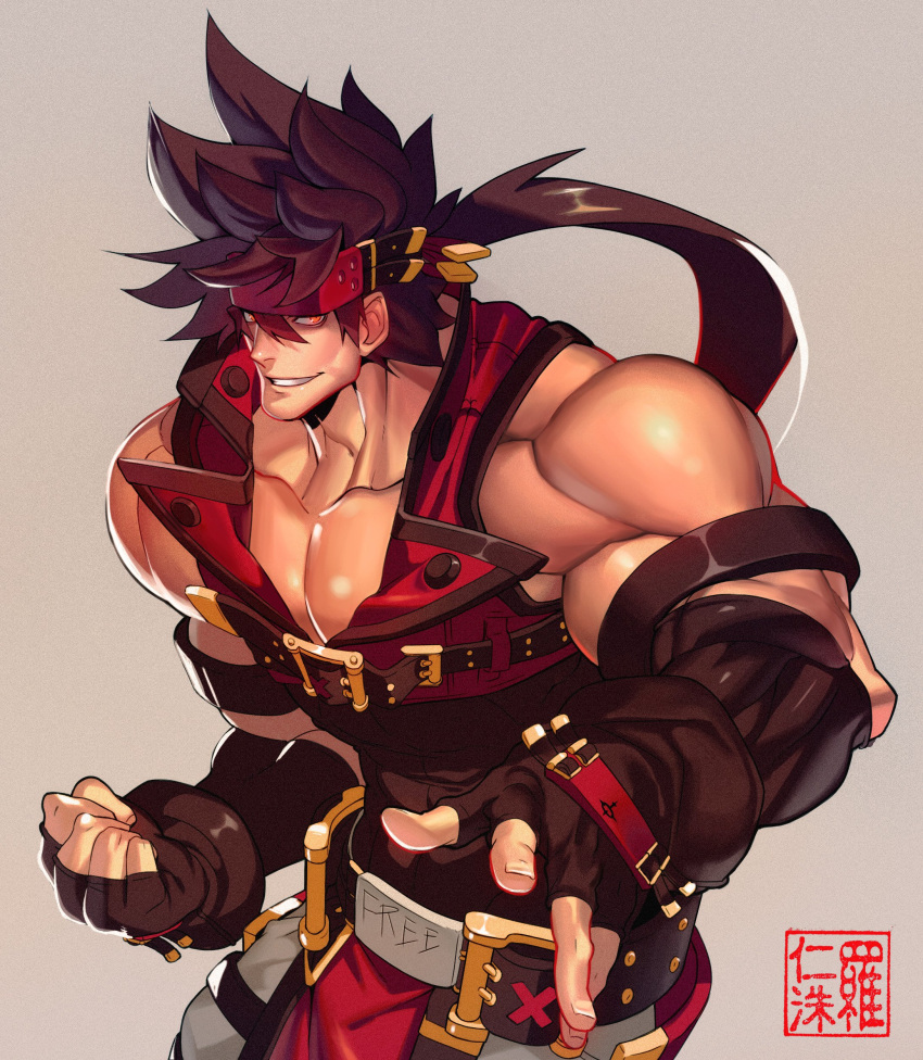 1boy absurdres bara bare_shoulders belt_buckle brown_hair buckle clenched_hand covered_abs fingerless_gloves gloves glowing glowing_eyes guilty_gear harness headgear highres long_hair male_focus muscular muscular_male na_insoo open_clothes pectorals pelvic_curtain ponytail shiny shiny_skin simple_background sleeveless sol_badguy solo spiked_hair tight yellow_eyes