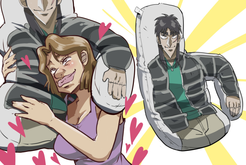 bad_id bad_pixiv_id big_nose blush brown_hair character_doll character_pillow dakimakura_(object) female fukumoto_nobuyuki_(style) gonk_(user_fdfd8782) heart hugging_object itou_kaiji kaiji pillow pillow_hug pink_lips purple_shirt sakazaki_mikoko shirt simple_background solo thick_eyebrows white_background