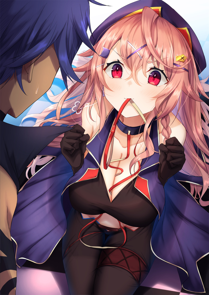 1boy bad_id bad_pixiv_id bare_shoulders between_breasts black_gloves blue_hair blush breasts cleavage collar dark-skinned_male dark_skin female from_above gloves hair_between_eyes hair_ornament hat highres large_breasts long_hair looking_at_another megido72 naberius_(megido72) nidaime_(doronbo) pink_hair red_eyes sitting thigh_gap