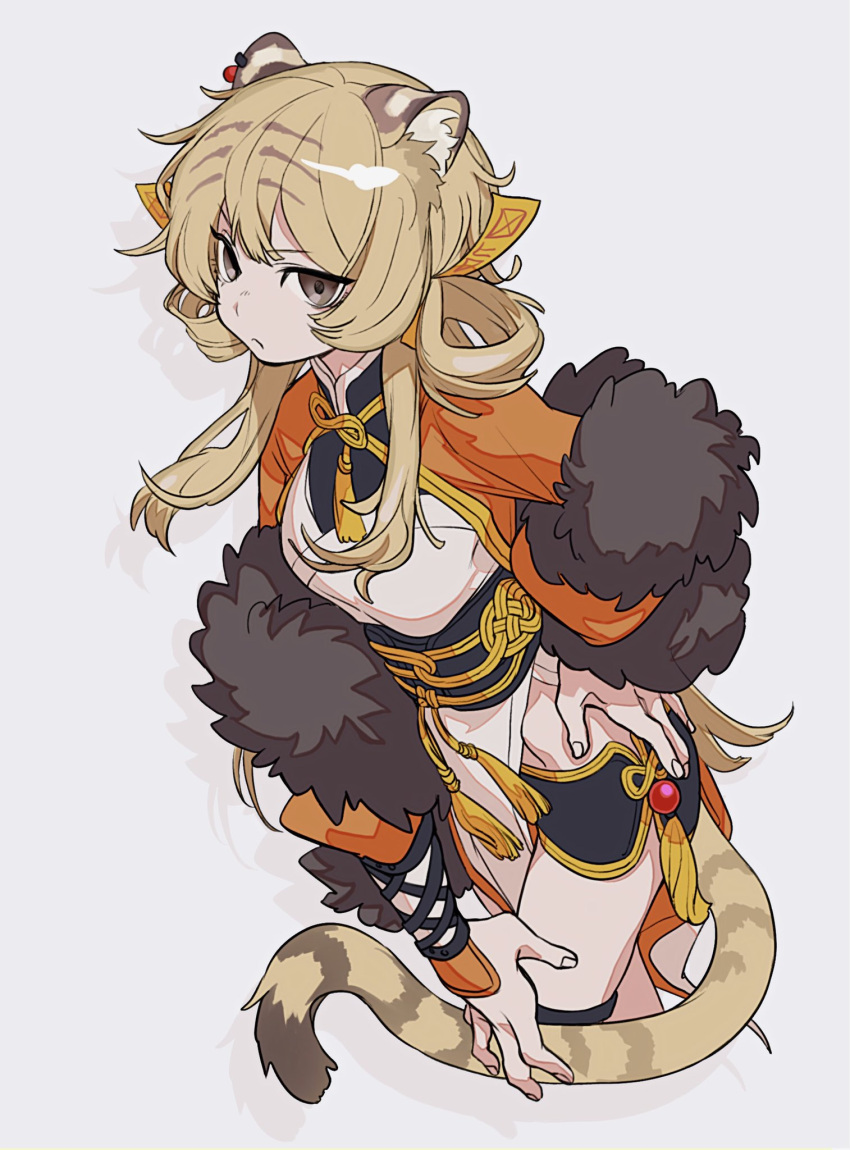 animal_ears arknights black_shorts brown_eyes brown_hair cowboy_shot dress du_yaoye_(arknights) ear_piercing feather_boa female hair_rings highres long_hair matsuba_(mtbsbr721) piercing short_shorts shorts sidelocks simple_background solo tail tiger_ears tiger_girl tiger_tail white_background white_dress