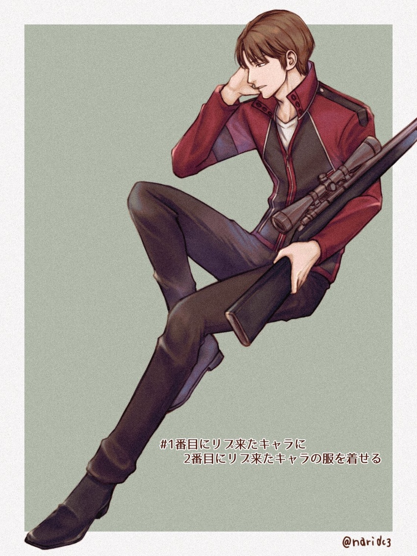 1boy black_footwear black_pants brown_hair cosplay full_body fuyushima_squad's_uniform green_background gun highres holding holding_gun holding_weapon invisible_chair jacket knee_up long_sleeves looking_away looking_down male_focus naridc3 ninomiya_masataka outside_border pants profile red_jacket reverse_grip rifle shoes short_hair simple_background sitting sniper_rifle solo touma_isami touma_isami_(cosplay) twitter_username weapon world_trigger