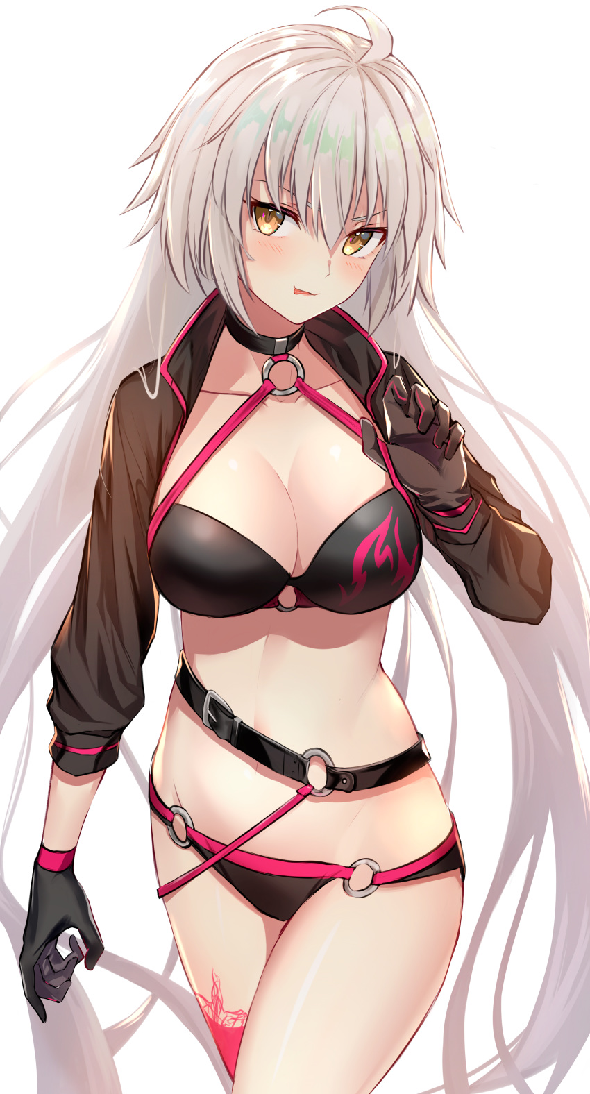 absurdres ahoge belt bikini black_bikini black_choker black_gloves black_jacket blush breasts choker collarbone cropped_jacket fate/grand_order fate_(series) female gloves grey_hair highres jacket jeanne_d'arc_alter_(fate) jeanne_d'arc_alter_(swimsuit_berserker)_(fate) jun_(aousa0328) large_breasts long_hair long_sleeves looking_at_viewer navel o-ring o-ring_bikini open_mouth red_thighhighs shrug_(clothing) simple_background single_thighhigh solo strap_pull swimsuit thighhighs very_long_hair white_background yellow_eyes