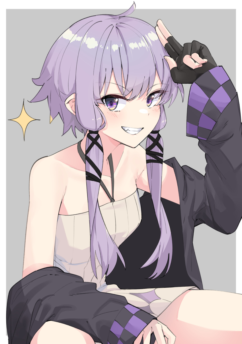 ahoge arm_on_thigh bare_shoulders black_gloves black_jacket border commentary dress feet_out_of_frame female fingerless_gloves gloves grey_background grin halter_dress halterneck hand_up highres jacket jacket_partially_removed light_blush light_purple_hair looking_at_viewer looking_to_the_side open_clothes open_jacket outside_border purple_eyes ribbed_dress salute short_dress short_hair_with_long_locks single_fingerless_glove smile solo sparkle squatting two-finger_salute vocaloid voiceroid white_border white_dress yuzuki_yukari yuzuki_yukari_(lin) zooanime