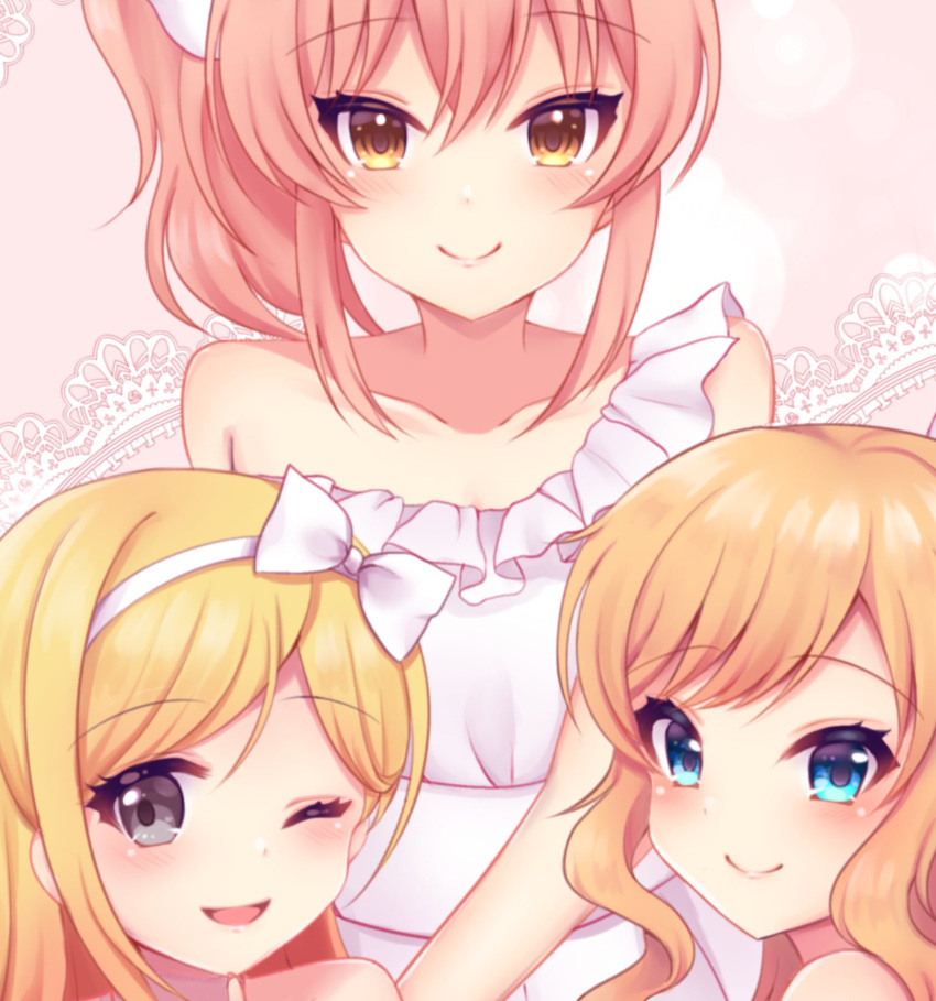 3girls bad_id bad_twitter_id bare_shoulders blonde_hair blue_eyes blush bow breasts brown_eyes closed_mouth collarbone commentary_request dress frills fujimoto_rina hair_ribbon hairband hairbow highres idolmaster idolmaster_cinderella_girls jougasaki_mika komari_mhy long_hair looking_at_viewer multiple_girls ohtsuki_yui one_eye_closed open_mouth orange_hair pink_hair ribbon sexy_gals_(idolmaster) smile striped white_bow white_dress white_hairband yellow_eyes