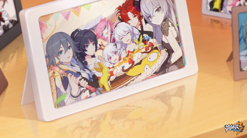 6+girls :d bangs black_dress black_hair black_headwear blue_eyes bronya_zaychik cake camera chinese_clothes closed_mouth confetti crown dress food fu_hua fu_hua_(azure_empyrea) grey_eyes grey_hair hair_between_eyes hair_ornament hand_on_another's_head headband highres holding holding_plate holding_wand honkai_(series) honkai_impact_3rd kiana_kaslana kitchen long_hair long_sleeves looking_at_viewer multiple_girls murata_himeko official_art open_mouth photobomb picture_(object) picture_frame pink_eyes pink_hair plate ponytail purple_eyes purple_hair raiden_mei red_hair rozaliya_olenyeva sleeveless sleeveless_dress smile table theresa_apocalypse theresa_apocalypse_(sakura_rondo) wand yellow_eyes