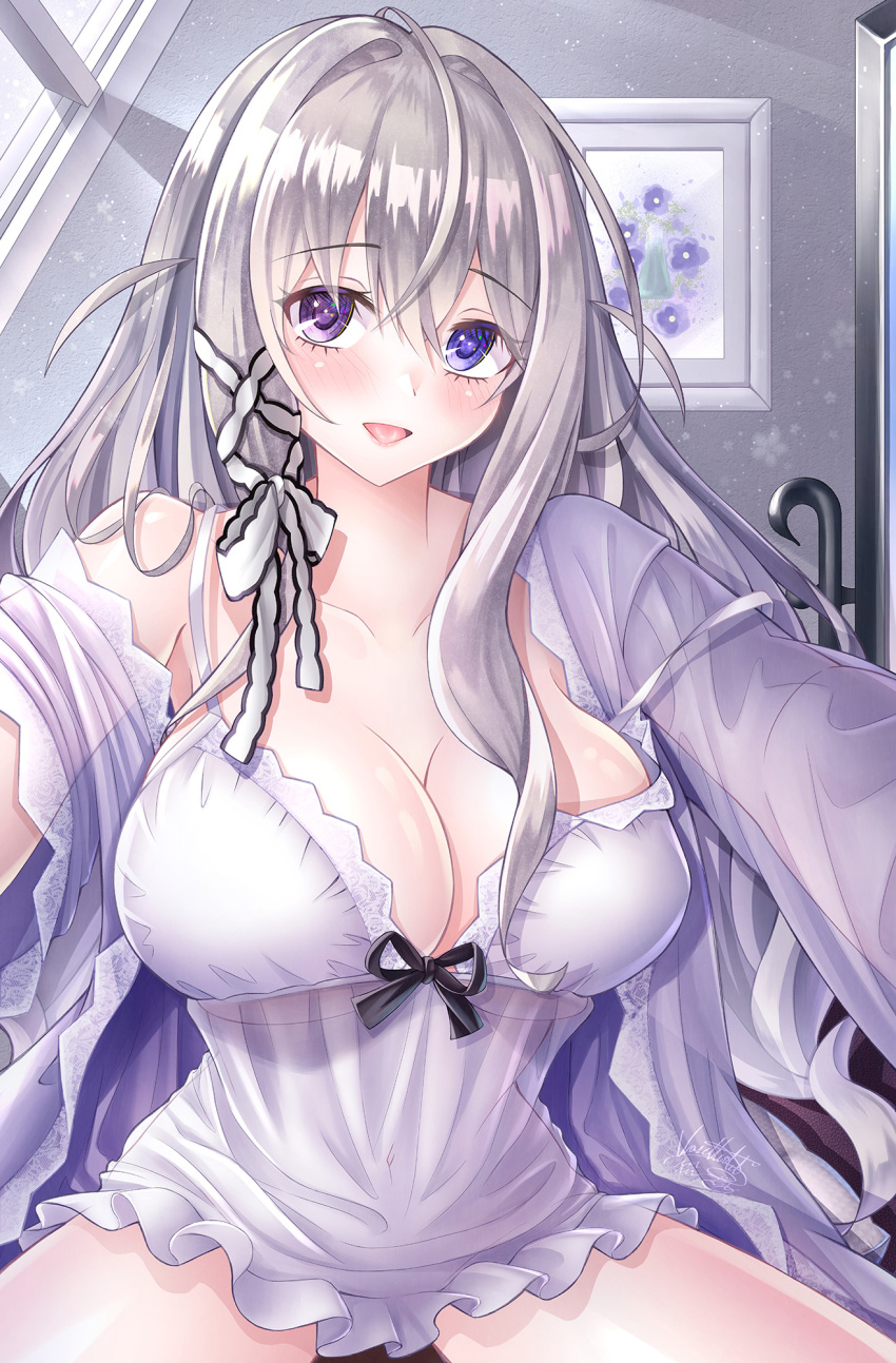 azur_lane bin_murasaki bra breasts cleavage female hair_ribbon heterochromia highres indoors large_breasts long_hair looking_at_viewer murmansk_(azur_lane) murmansk_(sceneries_of_pure_snow)_(azur_lane) nightgown official_alternate_costume open_clothes platinum_blonde_hair purple_eyes ribbon see-through sitting solo underwear white_bra white_nightgown white_ribbon window