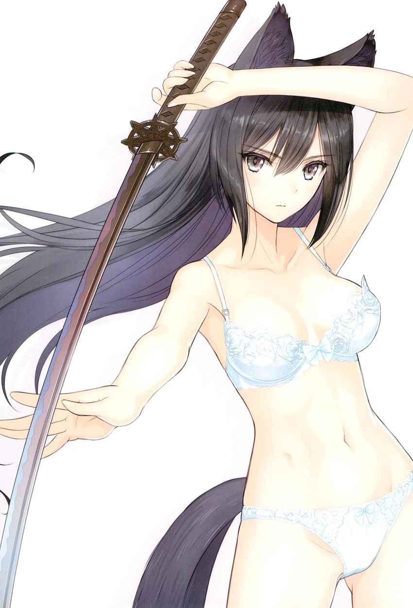 absurdres animal_ears arm_up black_hair bra female green_eyes guilty_princess highres katana long_hair looking_at_viewer navel panties photoshop_(medium) scan simple_background solo sword toned tony_taka underwear underwear_body_girl_ran weapon white_background