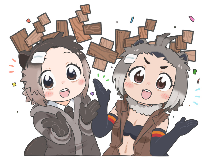 2girls :d american_beaver_(kemono_friends) animal_ear_fluff animal_ears antenna_hair appleq beaver_ears black_gloves black_jacket black_necktie blush_stickers breasts brown_eyes brown_jacket cleavage collared_shirt commentary_request confetti elbow_gloves eurasian_beaver_(kemono_friends) forehead gloves grey_hair hair_ornament hairclip highres jacket kemono_friends looking_at_viewer multiple_girls necktie shirt short_eyebrows short_hair shrugging simple_background sleeveless sleeveless_jacket small_breasts smile thick_eyebrows translation_request v-shaped_eyebrows white_background white_shirt