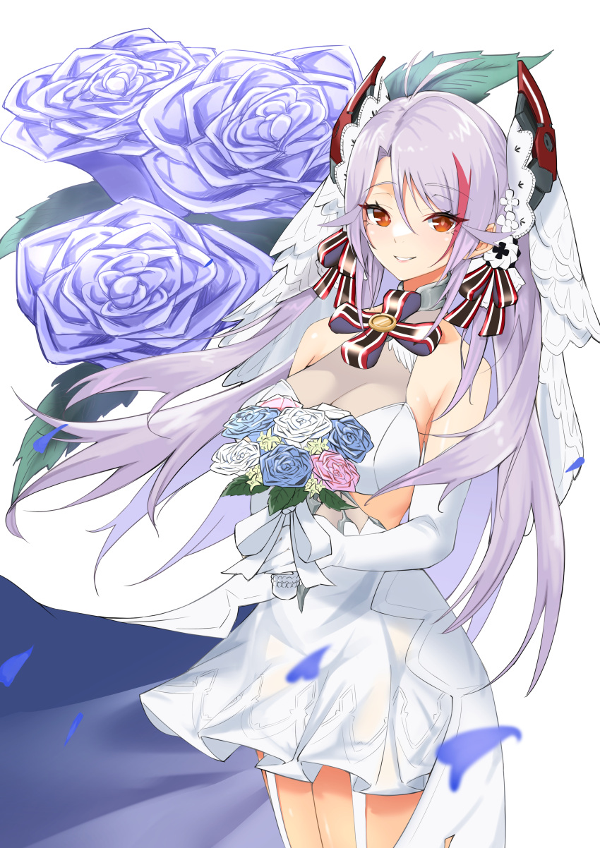 absurdres aqua_hair azur_lane bare_shoulders blue_flower blue_rose bouquet breasts bridal_veil commentary_request dress elbow_gloves female flower gloves hair_ornament highres holding holding_bouquet large_breasts long_hair looking_at_viewer multicolored_hair nukege_ojisan official_alternate_costume pink_flower pink_rose prinz_eugen_(azur_lane) prinz_eugen_(symphonic_fate)_(azur_lane) red_eyes red_hair rose short_dress smile solo standing streaked_hair veil wedding_dress white_dress white_flower white_gloves white_rose