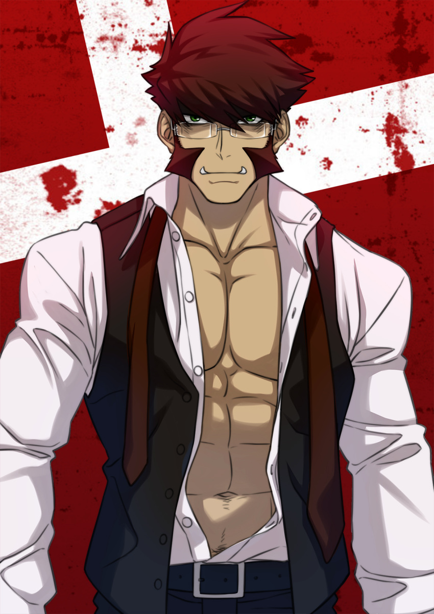 1boy abs bara bare_pectorals belt black_belt black_vest collared_shirt formal glasses green_eyes highres kekkai_sensen klaus_von_reinhertz koji_(wildlhz) large_pectorals male_focus mature_male muscular muscular_male mutton_chops navel navel_hair nipples open_clothes open_shirt pectoral_cleavage pectorals red_hair rimless_eyewear shirt short_hair sideburns solo stomach tusks upper_body vest white_shirt