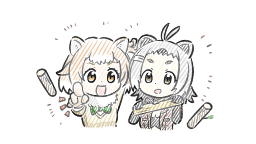 2girls :d american_beaver_(kemono_friends) animal_ears antenna_hair appleq beaver_ears black-tailed_prairie_dog_(kemono_friends) black_gloves bow bowtie breasts brown_eyes brown_gloves brown_hair brown_jacket brown_sweater cleavage commentary_request cropped_torso dog_ears elbow_gloves forehead fur_collar gloves green_bow green_bowtie grey_hair hair_ornament hairclip highres holding jacket kemono_friends log long_sleeves looking_at_viewer multicolored_hair multiple_girls notice_lines open_clothes open_jacket pointing pointing_at_viewer short_eyebrows simple_background small_breasts smile sweater thick_eyebrows two-tone_hair upper_body white_background white_hair