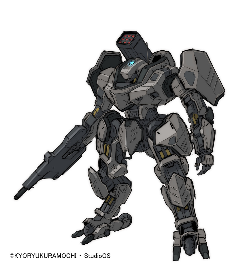 code_beast gun highres holding holding_gun holding_weapon mecha missile_pod no_humans official_art open_hand radio_antenna robot science_fiction standing sukekiyo56 weapon white_background