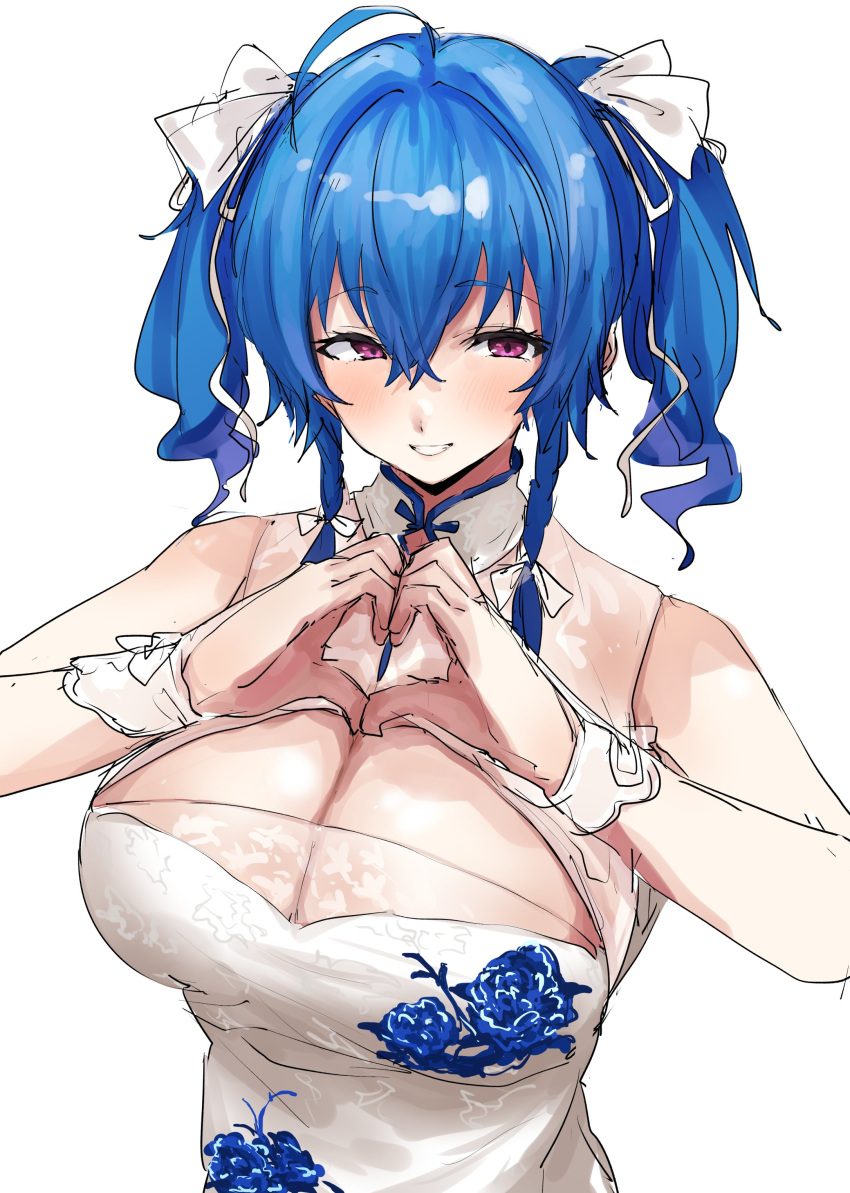 absurdres ahoge azur_lane blue_hair blush braid breasts china_dress chinese_clothes cleavage cleavage_cutout clothing_cutout commentary dress eyelashes female floral_print grin hair_between_eyes hair_ribbon heart heart_hands highres large_breasts looking_at_viewer make_maketan medium_hair official_alternate_costume purple_eyes ribbon side_braids simple_background sleeveless sleeveless_dress smile solo st._louis_(azur_lane) st._louis_(blue_and_white_pottery)_(azur_lane) tress_ribbon twin_braids twintails upper_body white_background white_dress wrist_cuffs