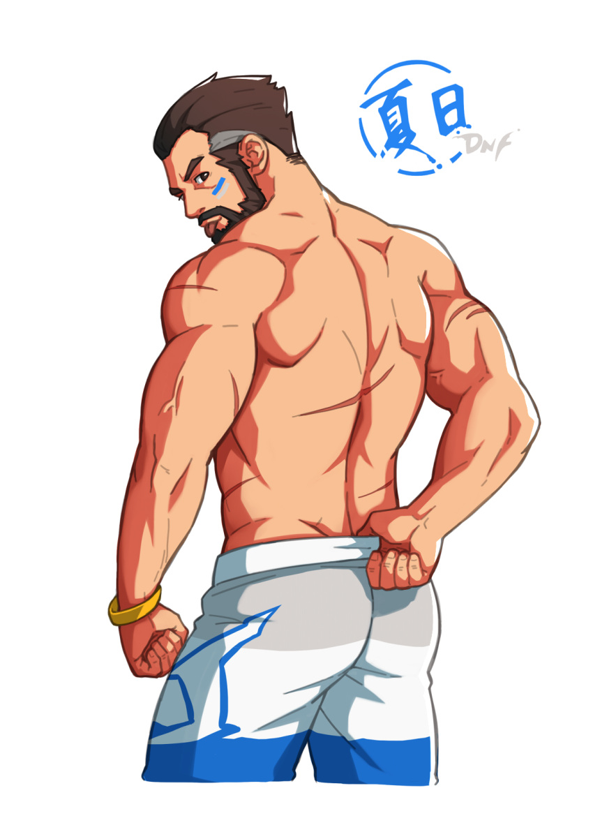 1boy abs ass bara beard blue_shorts bulge dungeon_and_fighter facial_hair from_behind highres justice_(dungeon_and_fighter) koji_(wildlhz) male_focus male_priest_(dungeon_and_fighter) mature_male median_furrow monk_(dungeon_and_fighter) muscular muscular_male navel navel_hair nipples pectorals short_hair shorts solo stomach thighs topless_male veins