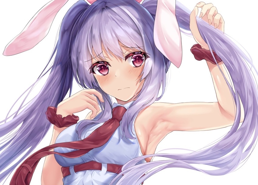 alternate_hairstyle animal_ears armpits blush breasts closed_mouth commentary female kaeranu_kaeru long_hair looking_at_viewer medium_breasts necktie purple_hair rabbit_ears red_eyes red_necktie reisen_udongein_inaba sidelocks simple_background solo touhou twintails_day upper_body very_long_hair white_background wrist_cuffs