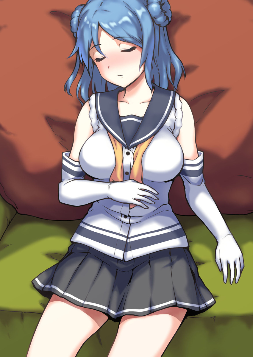 blue_hair closed_eyes commentary_request couch cowboy_shot double_bun elbow_gloves female gloves grey_sailor_collar grey_skirt hair_bun hat highres imada_hidehito kantai_collection neckerchief pleated_skirt sailor_collar sailor_hat school_uniform serafuku sitting skirt sleeping sleeves_rolled_up solo urakaze_(kancolle) white_hat white_legwear yellow_neckerchief