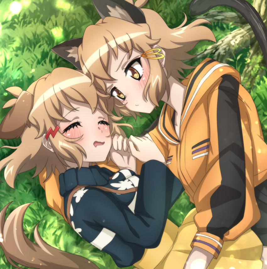 2girls animal_ears blush breasts brown_eyes brown_hair cat_ears cat_tail closed_mouth commentary_request dog_ears dog_girl dog_tail dual_persona grass hair_ornament hairclip highres jacket looking_at_another lying medium_breasts multiple_girls on_grass on_side open_mouth saliva selfcest senki_zesshou_symphogear senki_zesshou_symphogear_xd_unlimited shiny_skin short_hair sleeping smile sweater tachibana_hibiki_(symphogear) tachibana_hibiki_(symphogear)_(another) tail track_jacket yukitsuba_hina yuri