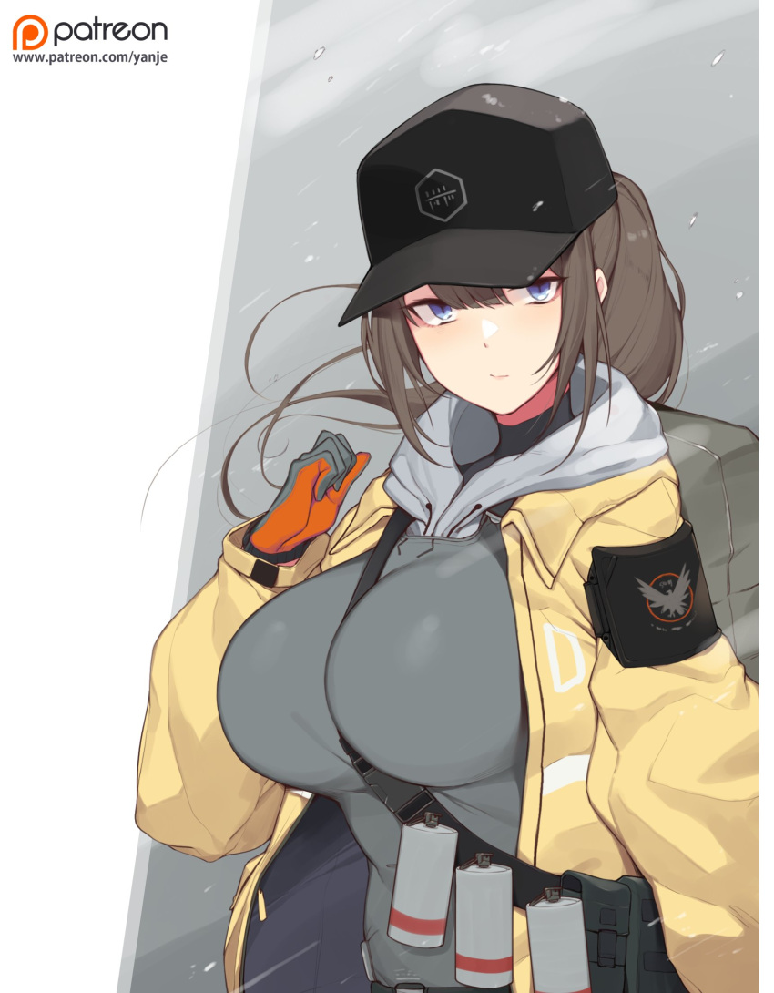 alternate_breast_size artist_name baseball_cap between_breasts blue_eyes blunt_bangs breasts brown_hair commentary dima_(girls'_frontline) female girls'_frontline hat highres hood hoodie huge_breasts long_hair patreon_logo patreon_username ponytail smoke_grenade solo strap_between_breasts watermark web_address yanje