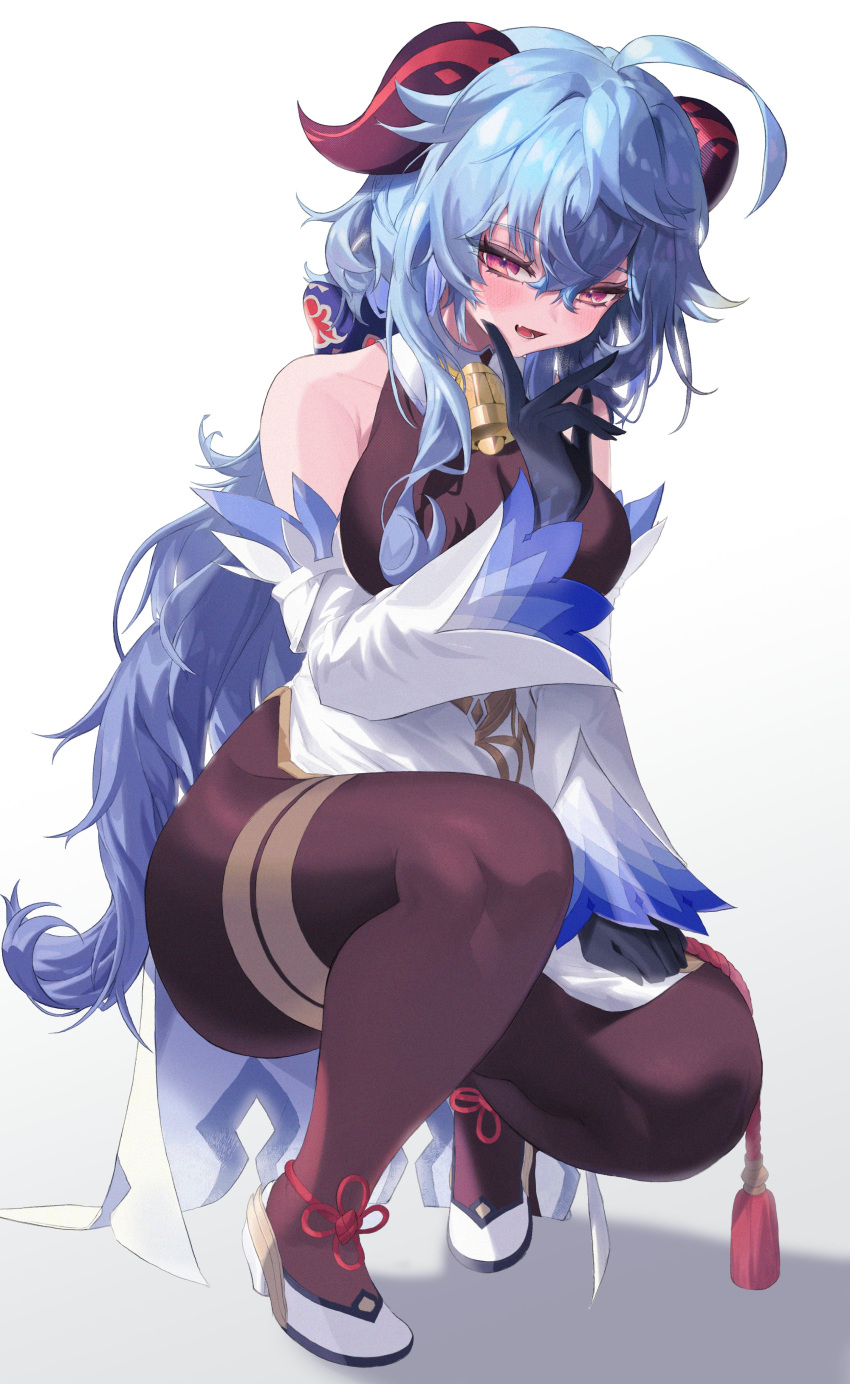 absurdres ahoge bare_shoulders bell blue_hair blush breasts detached_sleeves female full_body ganyu_(genshin_impact) genshin_impact gloves highres horns large_breasts long_hair looking_at_viewer open_mouth pantyhose red_eyes rima_(0136) shoes simple_background smile solo squatting thighband_pantyhose