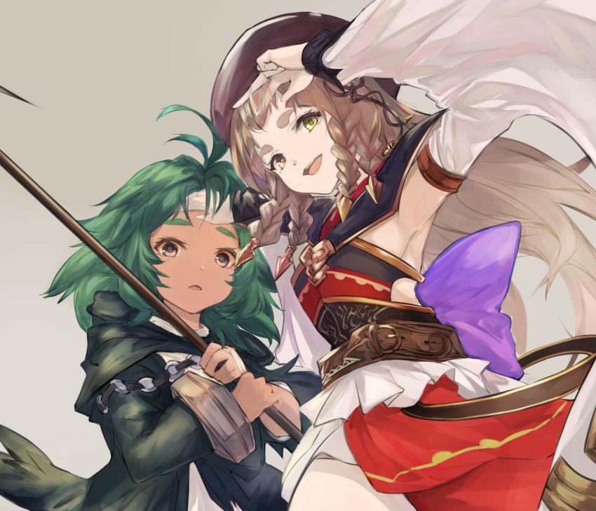 2girls ahoge armpits belt braid dark-skinned_female dark_skin erune granblue_fantasy green_hair grey_hair hair_lift heterochromia highres kolulu_(granblue_fantasy) long_hair multiple_braids multiple_girls nos_(nos_tsn) pholia polearm spear thick_eyebrows weapon wide_sleeves