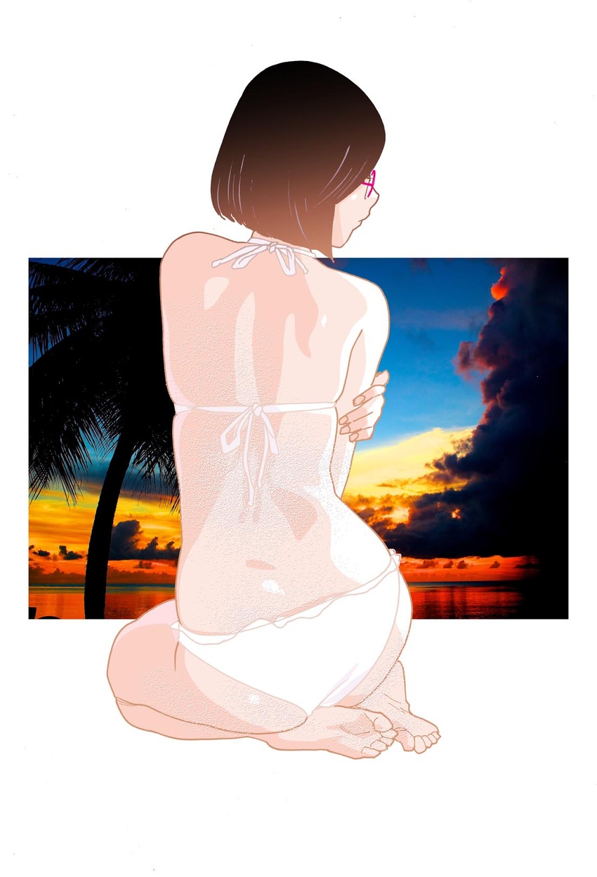 asami_shizuka ass barefoot bikini commentary_request female from_behind full_body glasses halterneck highres kishi_torajirou medium_hair otome_no_teikoku pink-framed_eyewear sitting skindentation solo swimsuit white_bikini yokozuwari