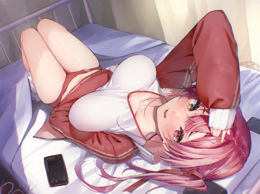 arm_up bed bed_sheet blush breasts breasts_apart buruma cellphone female heterochromia highres hololive houshou_marine houshou_marine_(1st_costume) jacket knees_up koubou_(cowbow_kun) large_breasts long_hair long_sleeves looking_at_viewer lying on_back on_bed open_clothes open_jacket open_mouth phone red_buruma red_eyes red_hair red_jacket shirt sleeves_past_wrists smartphone smile socks solo twintails virtual_youtuber white_shirt white_socks yellow_eyes