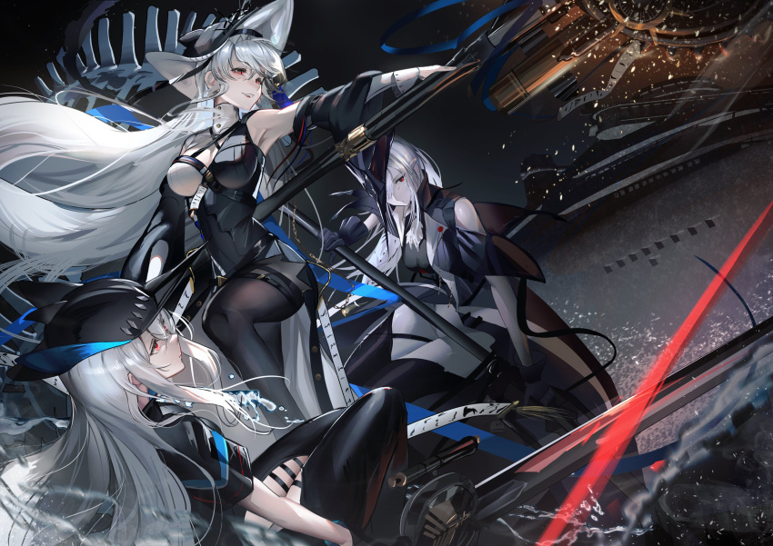 3girls absurdres arknights ascot bare_shoulders black_headwear black_pantyhose breasts clothing_cutout commentary detached_sleeves gladiia_(arknights) gloves grey_hair hat highres hiyaori_(hiyahiyaval) holding holding_sword holding_weapon long_hair multiple_girls pantyhose pointy_ears red_eyes ship skadi_(arknights) smile specter_(arknights) specter_the_unchained_(arknights) sword thigh_cutout very_long_hair watercraft weapon white_ascot