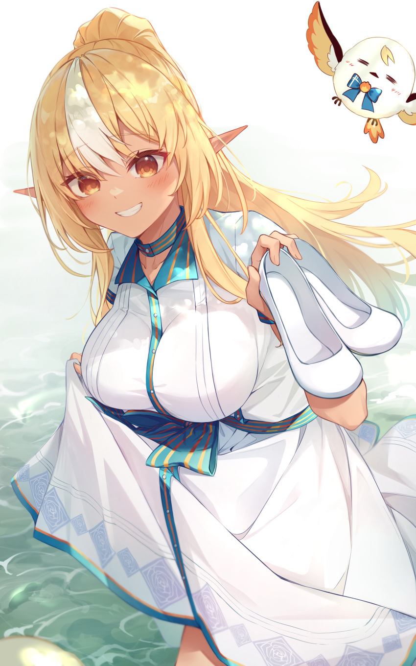 :d absurdres alternate_costume blonde_hair blush breasts brown_eyes creature dark-skinned_female dark_skin dress elfriend_(shiranui_flare) female highres holding holding_shoes hololive impossible_clothes impossible_dress large_breasts long_hair looking_at_viewer multicolored_hair parted_lips pointy_ears ponytail shiranui_flare shoes short_sleeves skirt_hold smile solo streaked_hair tang-du two-tone_hair unworn_shoes very_long_hair virtual_youtuber wading water white_dress white_footwear white_hair