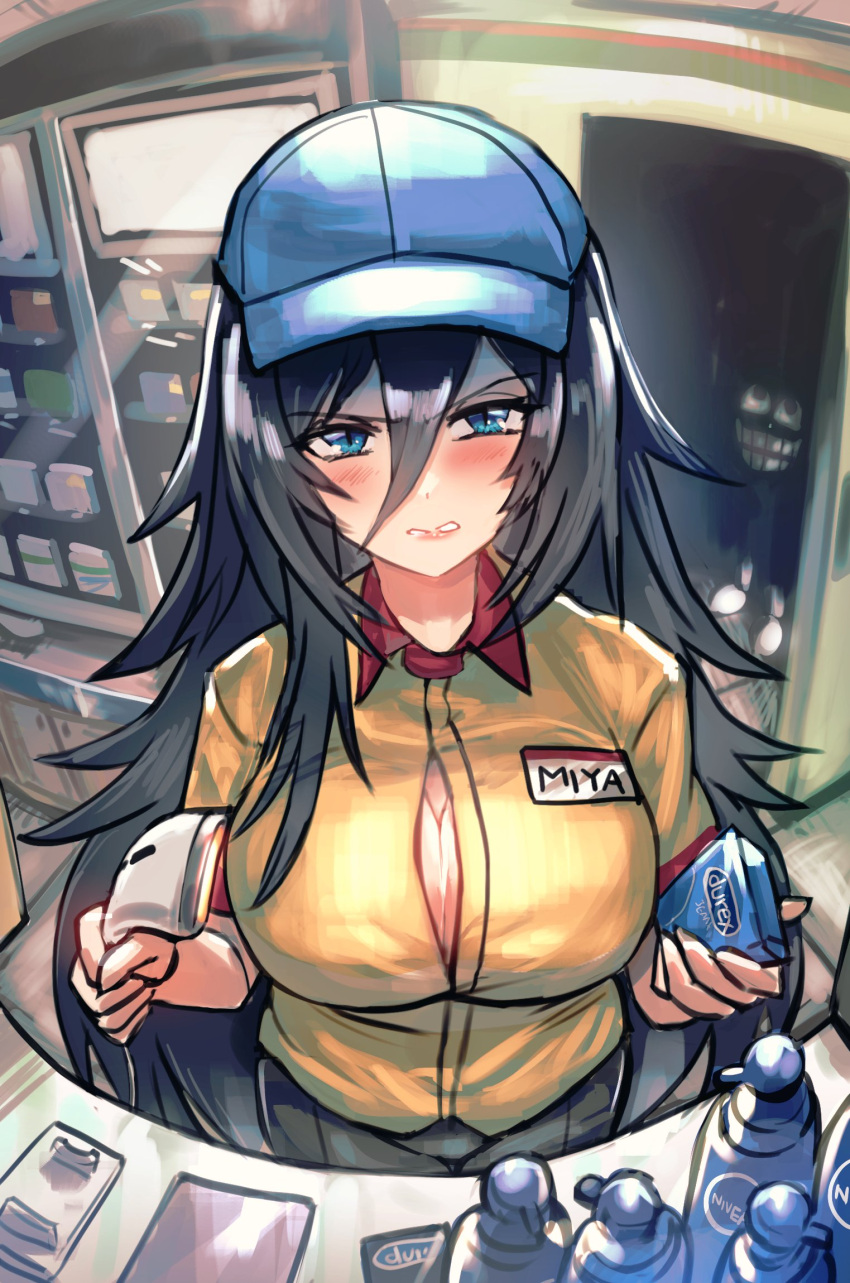 1other bad_id bad_twitter_id black_hair blue_eyes blush breasts buying_condoms cashier center_opening character_name cigarette_pack cleavage collared_shirt condom_box counter doorway dot_nose durex english_commentary female fisheye floor hair_between_eyes highres holding huge_breasts indoors long_hair looking_at_viewer lotion_bottle minster_(dooke) name_tag nivea original pov shirt shop short_sleeves solo_focus upper_body v-shaped_eyebrows vending_machine very_long_hair visor_cap when_you_see_it yellow_shirt