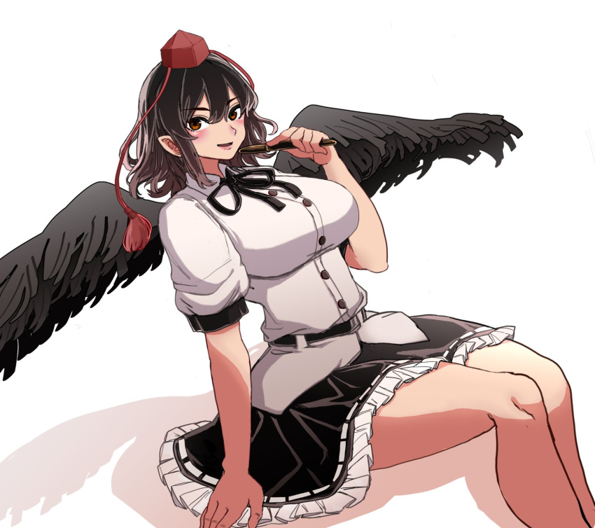 bird_wings black_hair black_ribbon black_skirt black_wings breasts buttons calligraphy_brush collared_shirt cropped_legs feet_out_of_frame female ghostship55 hat highres large_breasts medium_hair paintbrush red_eyes ribbon shameimaru_aya shirt short_sleeves simple_background sitting skirt solo tokin_hat touhou white_background white_shirt wings