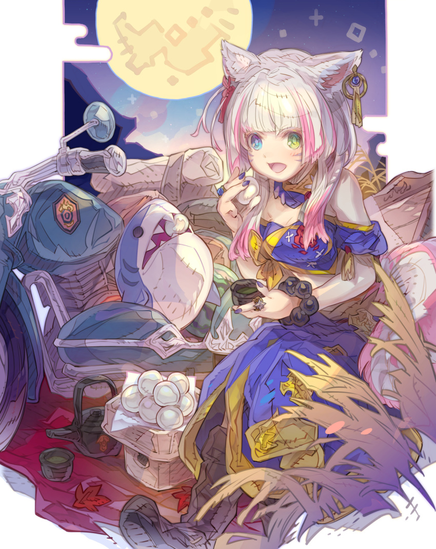 bare_shoulders bead_bracelet beads black_footwear blue_eyes blue_skirt blush boots bracelet breasts cleavage commentary_request commission dango egasumi facial_mark female final_fantasy final_fantasy_xiv food full_moon green_eyes grey_hair haku_(sabosoda) heterochromia highres holding holding_food jewelry medium_breasts miqo'te mochi moon motor_vehicle motorcycle multicolored_hair open_mouth pink_hair sitting skeb_commission skirt solo streaked_hair stuffed_animal stuffed_shark stuffed_toy tsukimi_dango wagashi warrior_of_light_(ff14) wheat whisker_markings