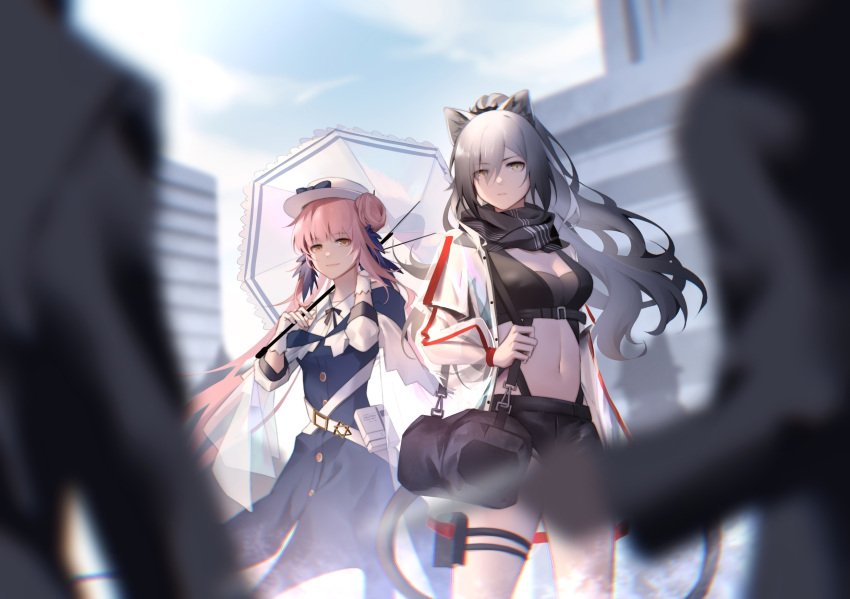 2girls animal_ears arknights bag black_scarf black_shorts blue_dress blue_feathers bow breasts cat_ears ceylon_(arknights) cleavage cowboy_shot crop_top dress feather_hair feathers fengtu_ad gloves grey_hair hair_bun hat hat_bow highres holding holding_umbrella jacket long_hair long_sleeves looking_at_viewer medium_breasts midriff multiple_girls navel open_clothes open_jacket pink_hair scarf schwarz_(arknights) see-through short_shorts shorts single_hair_bun smile standing stomach thigh_strap thighs umbrella white_gloves white_headwear white_umbrella yellow_eyes