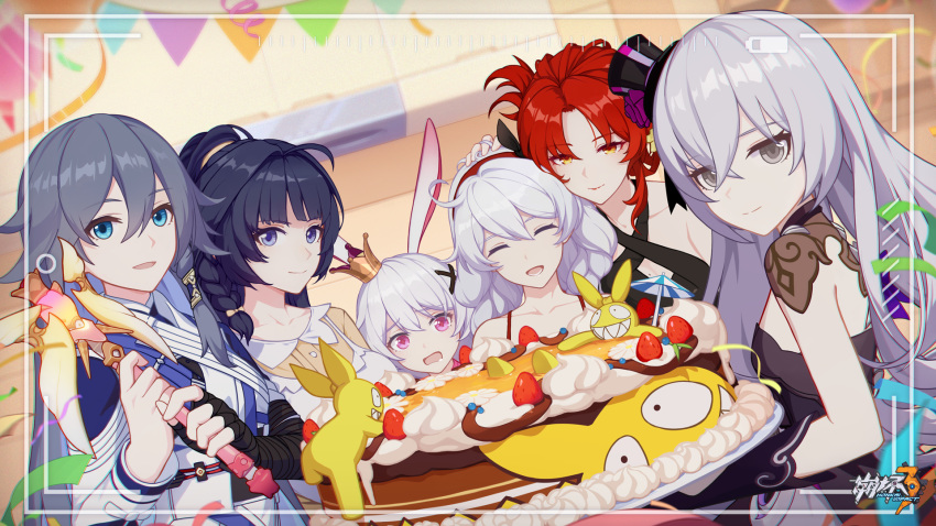 6+girls :d bangs black_dress black_hair black_headwear blue_eyes bronya_zaychik cake camera chinese_clothes closed_mouth confetti crown dress food fu_hua fu_hua_(azure_empyrea) grey_eyes grey_hair hair_between_eyes hair_ornament hand_on_another's_head headband highres holding holding_plate holding_wand honkai_(series) honkai_impact_3rd kiana_kaslana kitchen long_hair long_sleeves looking_at_viewer multiple_girls murata_himeko official_art open_mouth pink_eyes plate ponytail purple_eyes purple_hair raiden_mei red_hair sleeveless sleeveless_dress smile theresa_apocalypse theresa_apocalypse_(sakura_rondo) viewfinder wand yellow_eyes