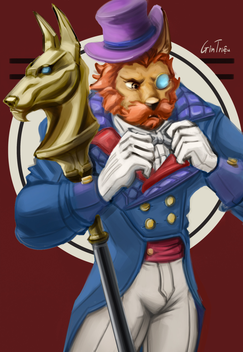 absurd_res anubis bow_tie clothing deity egyptian_mythology facial_hair gintrieu gloves gold_(metal) handwear hi_res league_of_legends male middle_eastern_mythology mythology nasus_(lol) riot_games solo suit tatsune tencent