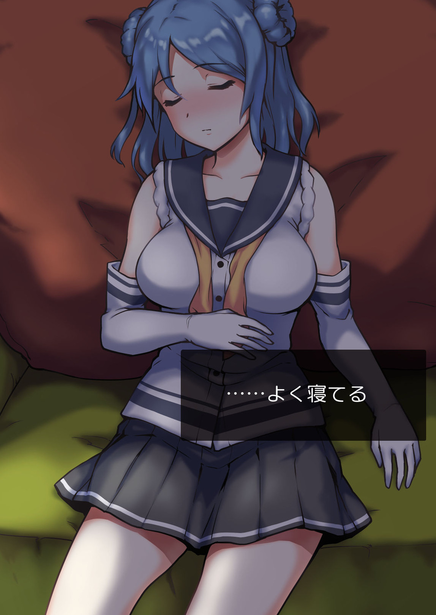 blue_hair closed_eyes commentary_request couch cowboy_shot double_bun elbow_gloves female gloves grey_sailor_collar grey_skirt hair_bun hat highres imada_hidehito kantai_collection neckerchief pleated_skirt sailor_collar sailor_hat school_uniform serafuku sitting skirt sleeping sleeves_rolled_up solo translated urakaze_(kancolle) white_hat white_legwear yellow_neckerchief