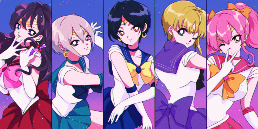 5girls absurdres bishoujo_senshi_sailor_moon black_eyes blonde_hair blue_bow blue_eyes blue_hair blue_sailor_collar blue_skirt bow breasts choker chromatic_aberration collarbone cosplay crescent crescent_earrings earrings elbow_gloves gloves green_eyes grey_hair hair_between_eyes hairbow hayami_kanade highres ichinose_shiki idolmaster idolmaster_cinderella_girls jewelry jougasaki_mika kukiwakame large_breasts lipps_(idolmaster) long_hair looking_at_viewer looking_back magical_girl medium_breasts miyamoto_frederica multiple_girls one_eye_closed open_mouth parted_bangs pink_bow pink_choker pink_hair potion purple_bow red_bow red_choker sailor_collar sailor_senshi_uniform shiomi_syuko short_hair skirt smile space twintails unofficial_sailor_senshi_uniform v_over_mouth wavy_hair white_gloves yellow_bow yellow_eyes