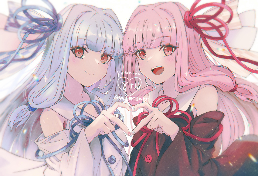 2girls absurdres anniversary bare_shoulders black_dress black_sleeves blue_hair blue_nails blue_ribbon blunt_bangs character_name closed_eyes commentary detached_sleeves dress fujifuji0330 hair_ribbon hands_up heart heart_hands heart_hands_duo highres kotonoha_akane kotonoha_aoi light_blue_hair long_hair looking_at_viewer multiple_girls open_mouth pink_hair pink_nails red_eyes red_ribbon ribbon sailor_collar siblings sidelocks sisters smile upper_body voiceroid white_dress white_sailor_collar white_sleeves