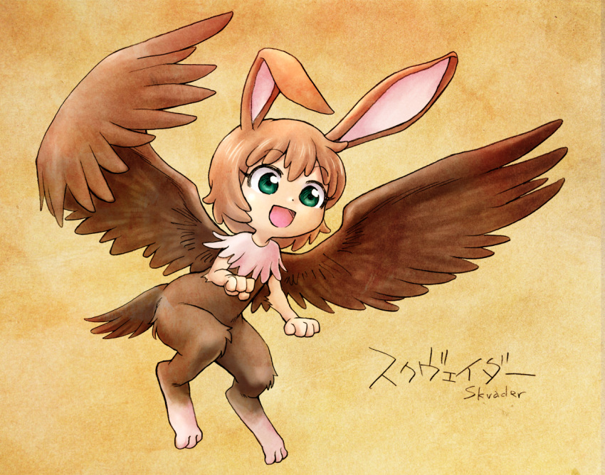 :d animal_ears brown_hair character_name commentary_request cryptid feathered_wings female fewer_digits full_body green_eyes monster_girl open_mouth original rabbit_ears short_hair skvader smile solo unno_hotaru wings