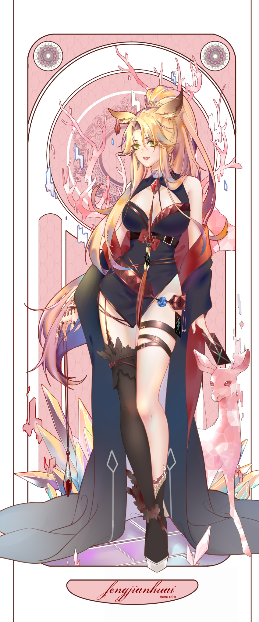 :d absurdres animal_ear_fluff animal_ears arknights artist_name black_dress black_footwear blonde_hair boots breasts chinese_commentary commentary_request dress female fengjianhuai full_body gitano_(arknights) gitano_(elite_ii)_(arknights) highres long_hair looking_at_viewer medium_breasts open_mouth red_lips short_dress single_thighhigh sleeveless sleeveless_dress smile solo standing thigh_strap thighhighs thighs very_long_hair yellow_eyes