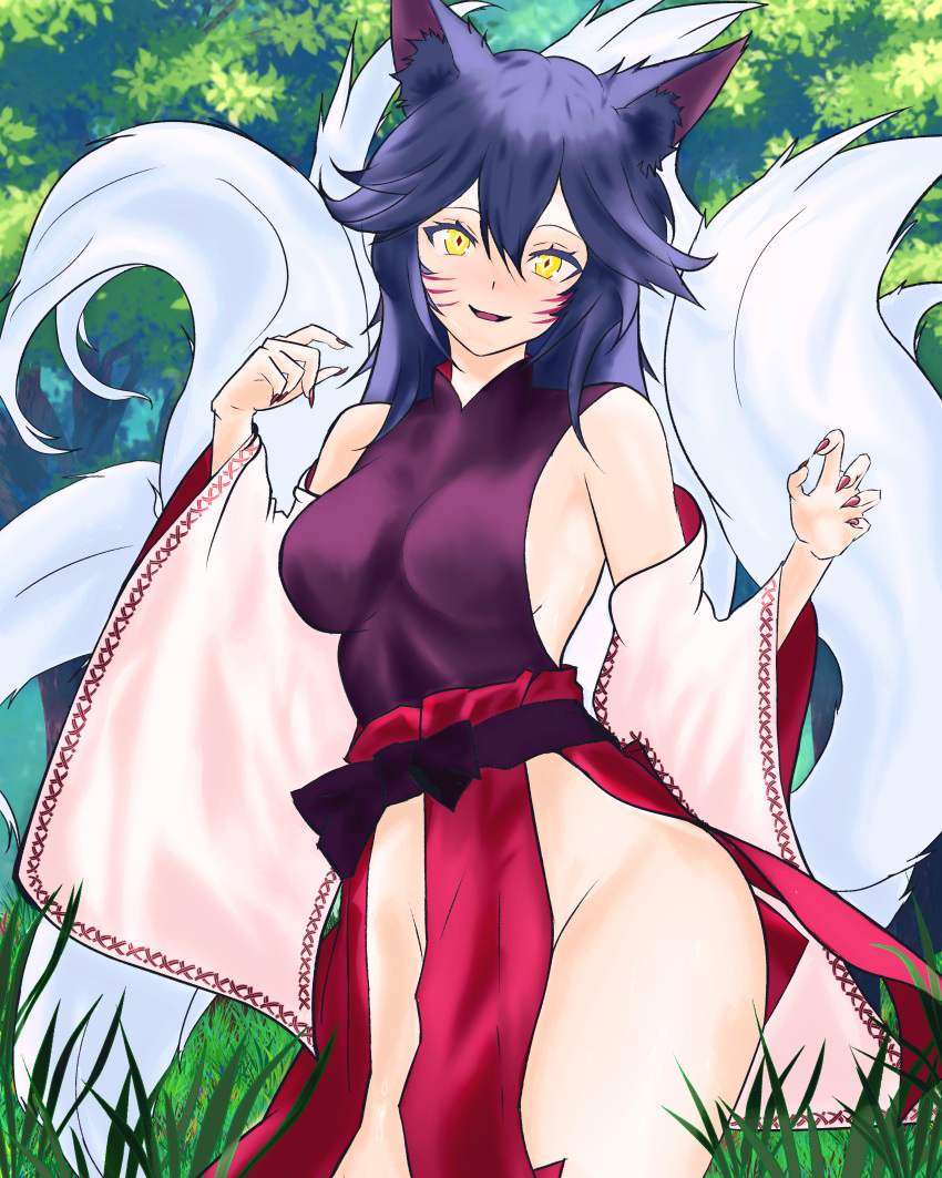 1girls 2d ahri animal_ear_fluff animal_ears animal_tail bangs bare_shoulders big_breasts black_hair blue_hair blush breasts cat_ears claw_pose cleavage clothing cowboy_shot curled_fingers day detached_sleeves dress drintrava eyebrows eyebrows_visible_through_hair facial_mark fang female female_focus female_only fingernails forest fox_ears fox_girl fox_humanoid fox_tail grass groin hair_between_eyes hands_up high_resolution impossible_clothes kimono kitsune korean_clothes large_breasts large_filesize large_tail league_of_legends league_of_legends:_wild_rift long_fingernails long_hair long_sleeves looking_at_viewer medium_breasts multicolored_hair multiple_tails nail_polish nature no_bra nopan open-mouth_smile open_mouth original outdoors parted_lips patreon_username pelvic_curtain pink_nails pixiv_id pixiv_username riot_games robe sash scowl sharp_fingernails sideboob sidelocks sleeveless slit_pupils smile solo standing tagme tail tails thighs traditional_clothes tree twitter_username username very_high_resolution very_long_hair wafuku whisker_markings wide_sleeves wolf_ears wolf_tail yellow_eyes